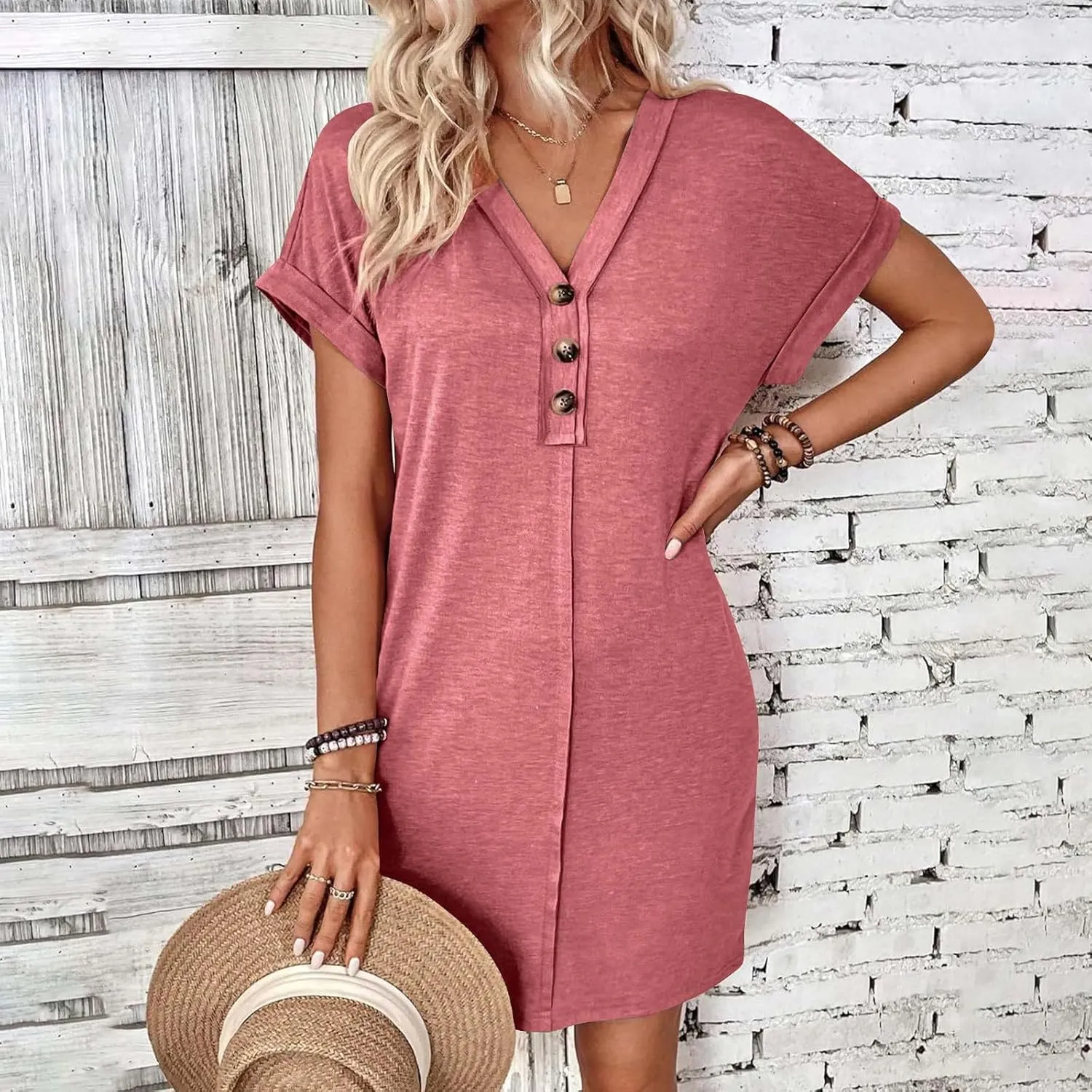 JOAU Womens Casual Shirt Dress Rolled Short Sleeve Solid Button Down Shift Summer Dresses Beach Vacation V Neck Mini Dress