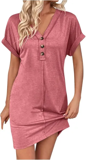JOAU Womens Casual Shirt Dress Rolled Short Sleeve Solid Button Down Shift Summer Dresses Beach Vacation V Neck Mini Dress