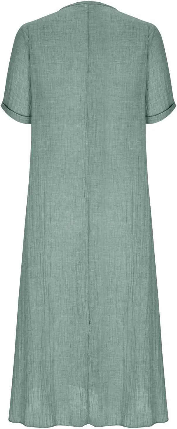 JOAU Womens Cotton Linen Maxi Dress Summer Short Sleeve V-Neck T-Shirt Dresses Casual Flowy Beach Cover Up Long Dress