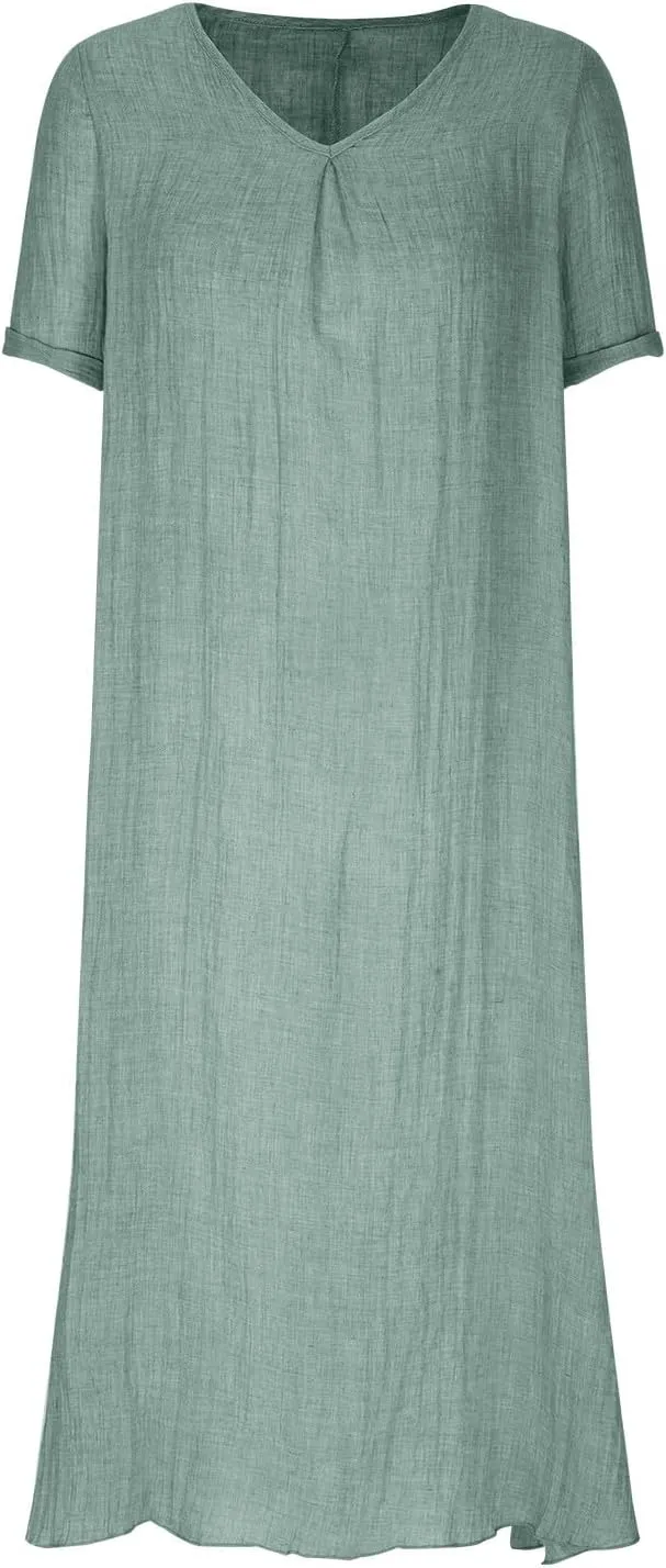 JOAU Womens Cotton Linen Maxi Dress Summer Short Sleeve V-Neck T-Shirt Dresses Casual Flowy Beach Cover Up Long Dress