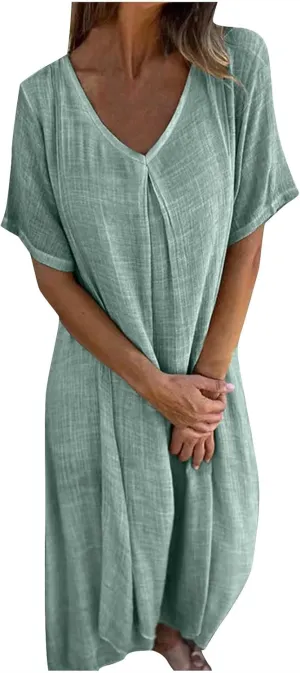 JOAU Womens Cotton Linen Maxi Dress Summer Short Sleeve V-Neck T-Shirt Dresses Casual Flowy Beach Cover Up Long Dress