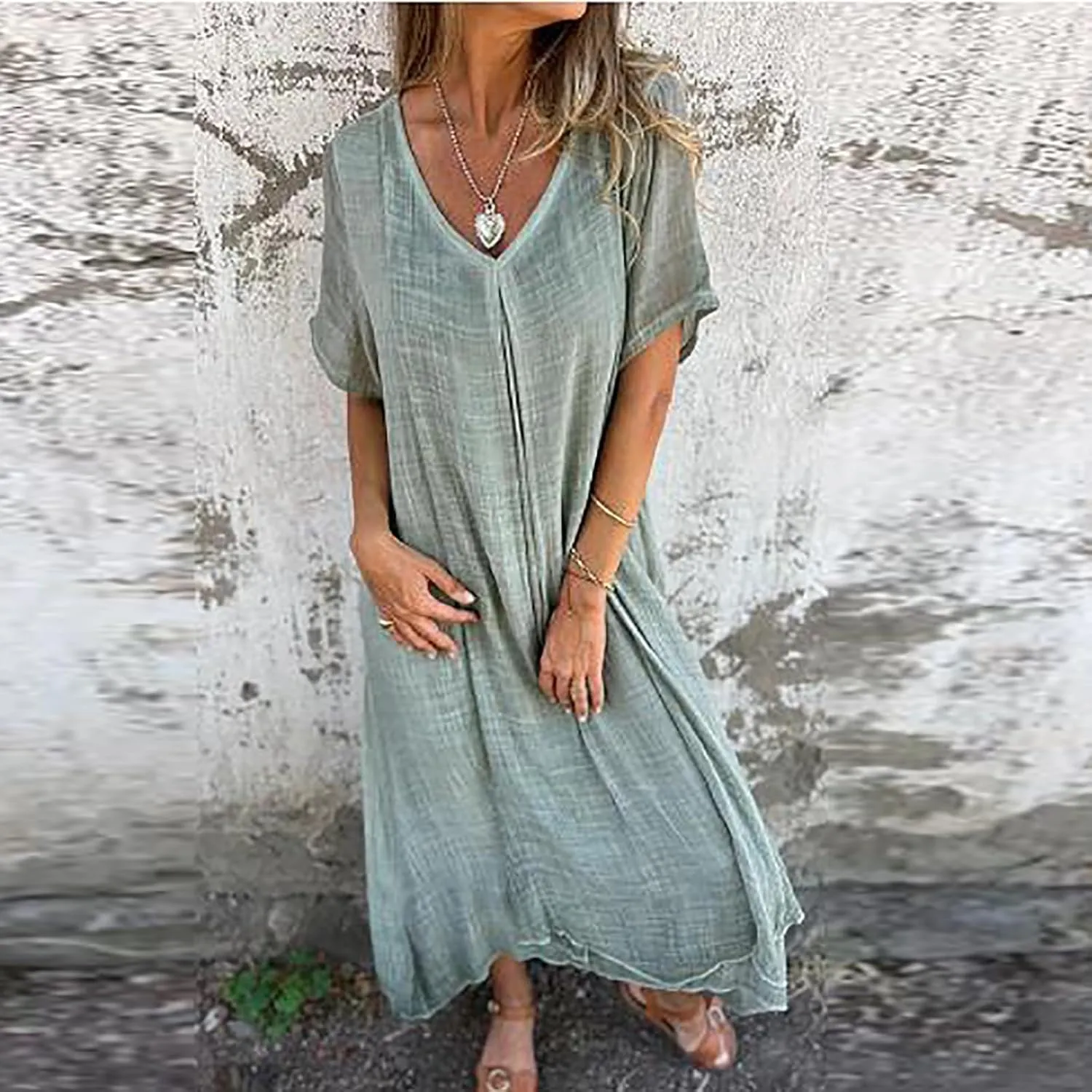 JOAU Womens Cotton Linen Maxi Dress Summer Short Sleeve V-Neck T-Shirt Dresses Casual Flowy Beach Cover Up Long Dress