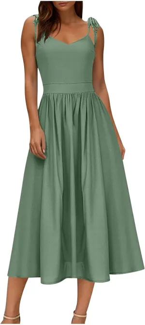 JOAU Women's Sleeveless V-Neck Maxi Dress Casual Summer Tie Spaghetti Strap Backless A-line Pleated Cami Dresses for Vacation