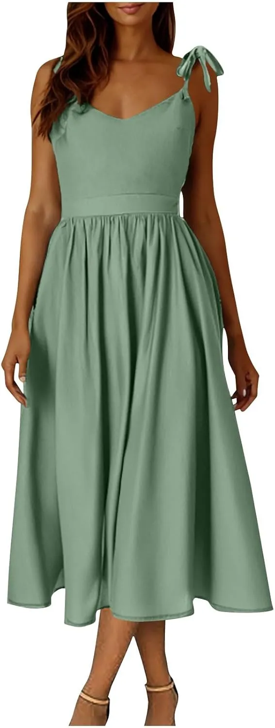 JOAU Women's Sleeveless V-Neck Maxi Dress Casual Summer Tie Spaghetti Strap Backless A-line Pleated Cami Dresses for Vacation