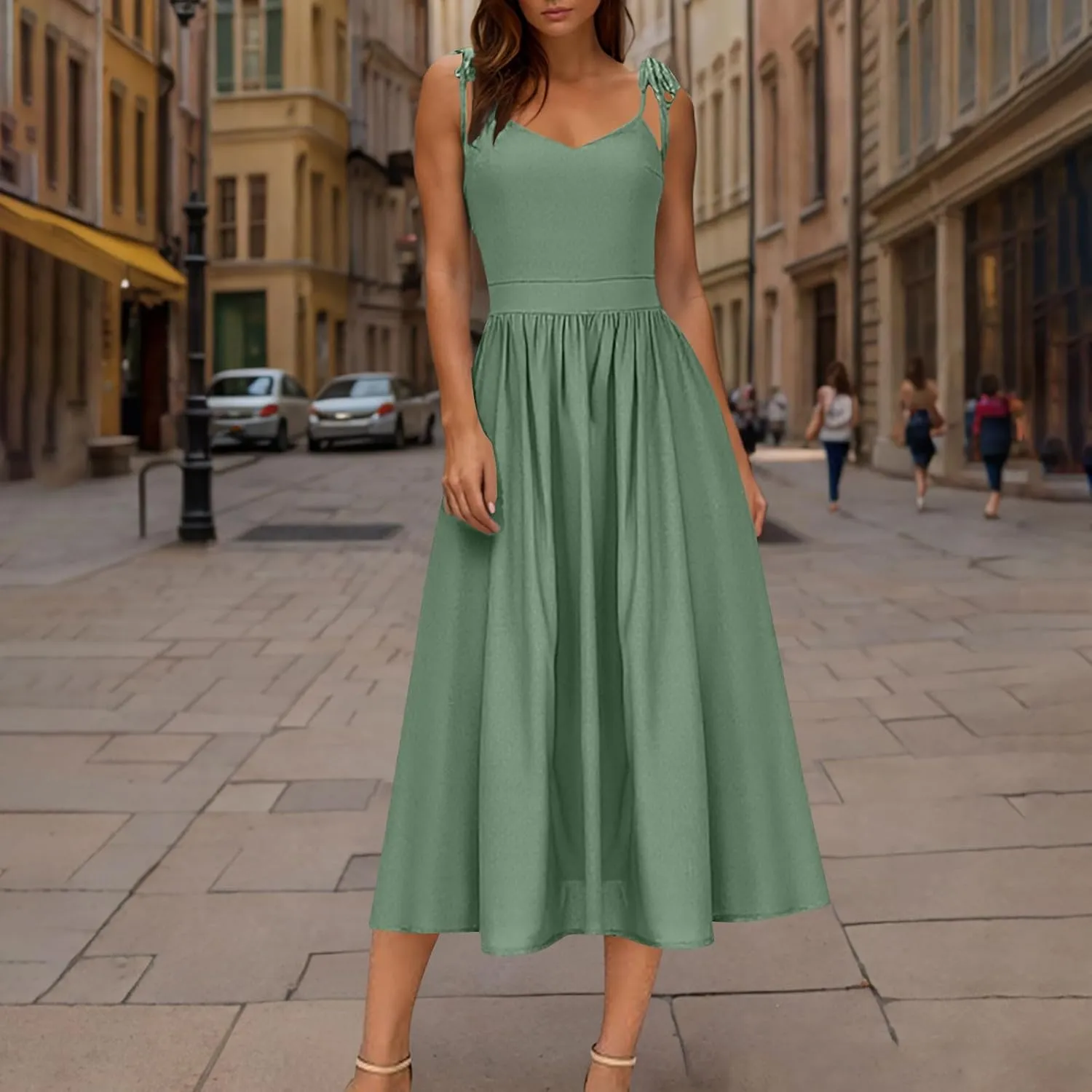 JOAU Women's Sleeveless V-Neck Maxi Dress Casual Summer Tie Spaghetti Strap Backless A-line Pleated Cami Dresses for Vacation