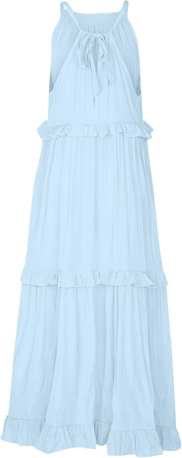 JOAU Womens Summer Boho Beach Maxi Dress Halter Neck Cut Out Tie Back A-Line Tiered Ruffle Flowy Long Sundress with Pockets
