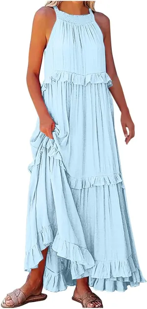 JOAU Womens Summer Boho Beach Maxi Dress Halter Neck Cut Out Tie Back A-Line Tiered Ruffle Flowy Long Sundress with Pockets
