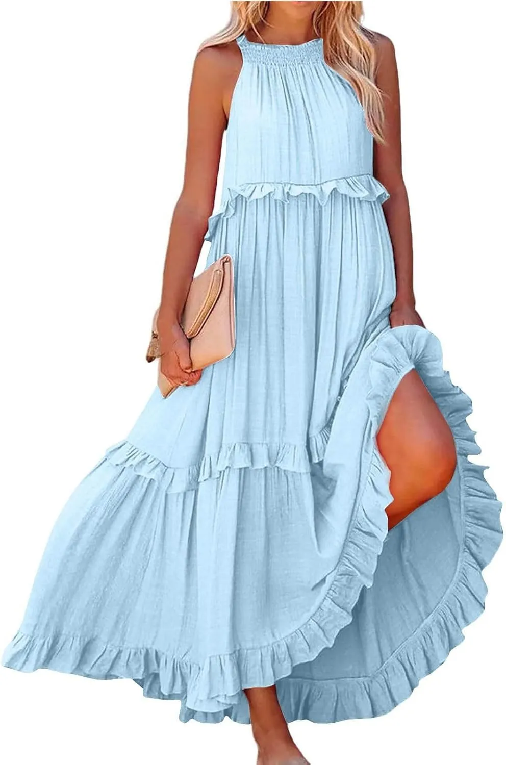 JOAU Womens Summer Boho Beach Maxi Dress Halter Neck Cut Out Tie Back A-Line Tiered Ruffle Flowy Long Sundress with Pockets