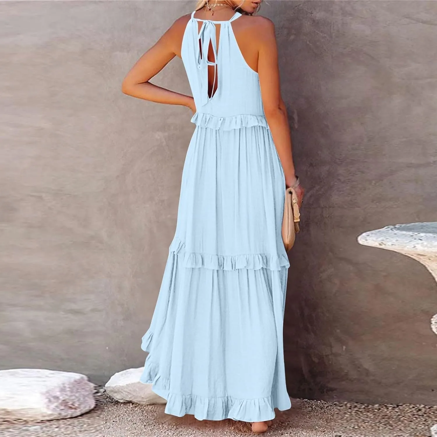 JOAU Womens Summer Boho Beach Maxi Dress Halter Neck Cut Out Tie Back A-Line Tiered Ruffle Flowy Long Sundress with Pockets