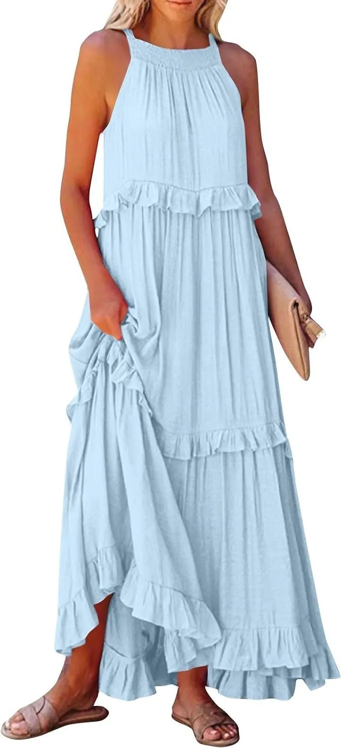 JOAU Womens Summer Boho Beach Maxi Dress Halter Neck Cut Out Tie Back A-Line Tiered Ruffle Flowy Long Sundress with Pockets