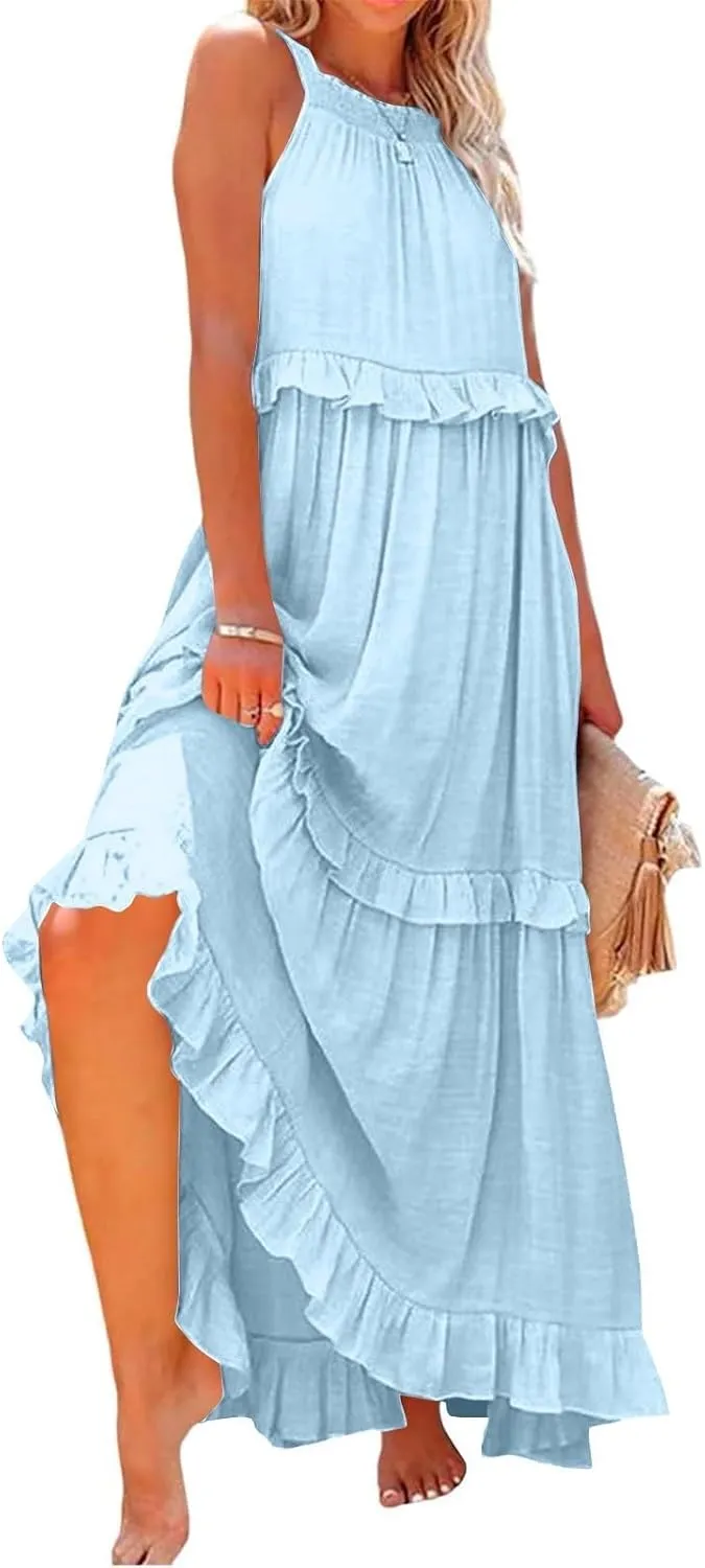 JOAU Womens Summer Boho Beach Maxi Dress Halter Neck Cut Out Tie Back A-Line Tiered Ruffle Flowy Long Sundress with Pockets