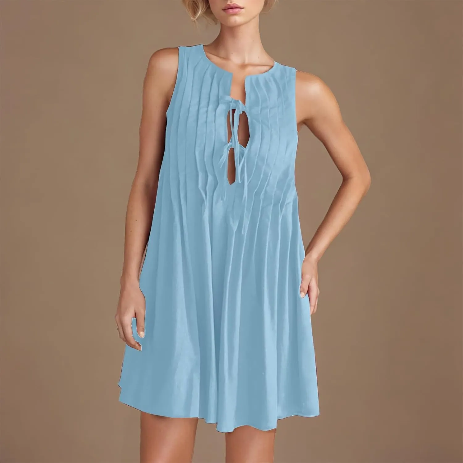 JOAU Womens Tie Front Mini Tank Dress Casual Bow Sleeveless Pleated Summer Loose Babydoll Dresses A-Line Beach Short Sundress