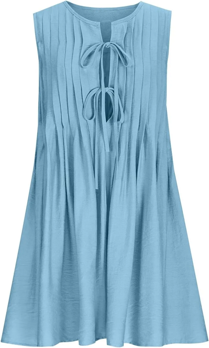 JOAU Womens Tie Front Mini Tank Dress Casual Bow Sleeveless Pleated Summer Loose Babydoll Dresses A-Line Beach Short Sundress
