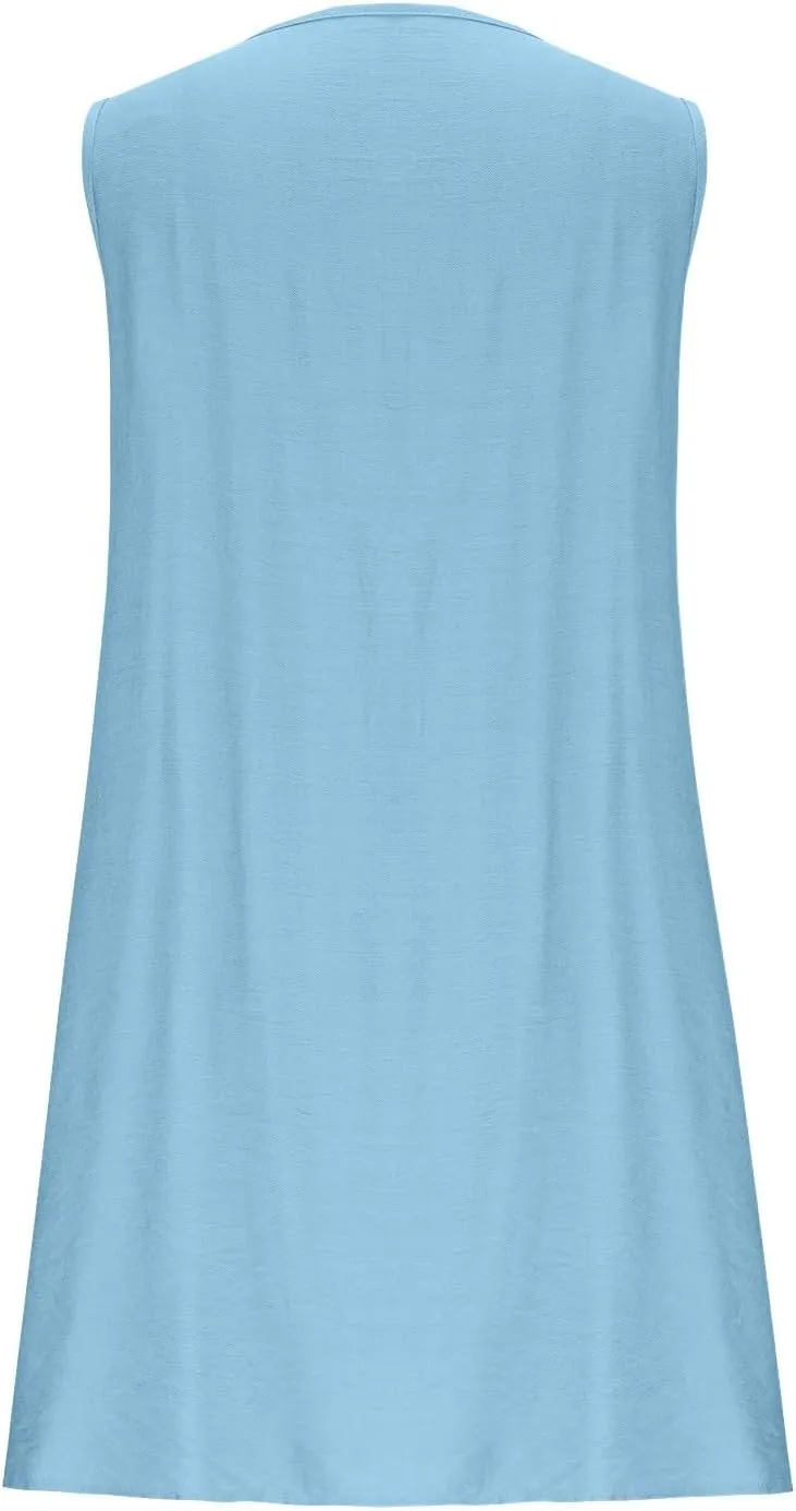 JOAU Womens Tie Front Mini Tank Dress Casual Bow Sleeveless Pleated Summer Loose Babydoll Dresses A-Line Beach Short Sundress