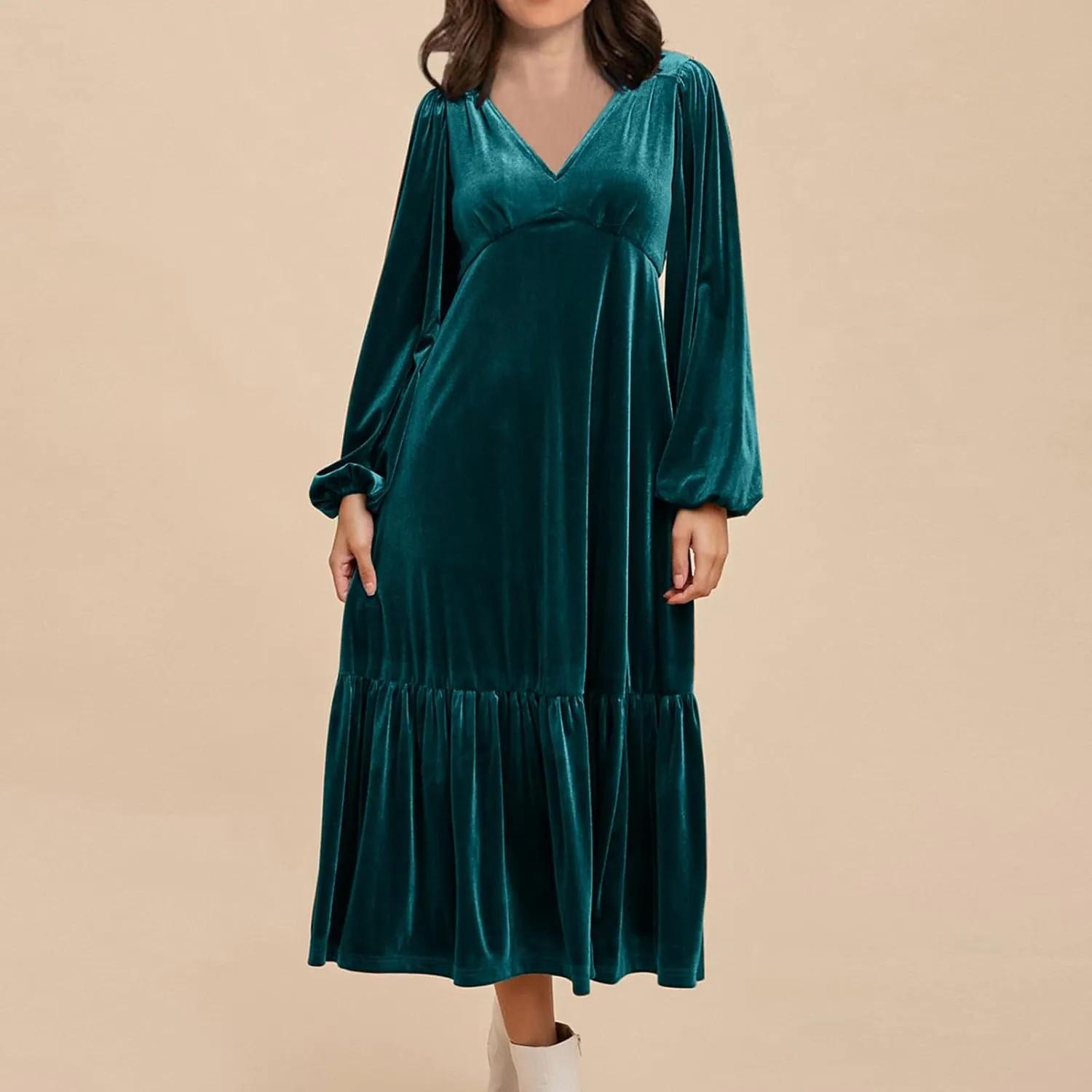 JOAU Womens Velvet Puff Long Sleeve Cocktail Party Dresses Fashion V Neck Empire Waist Flowy Ruffle Tiered A-Line Midi Dress