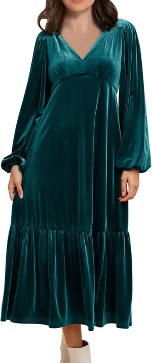 JOAU Womens Velvet Puff Long Sleeve Cocktail Party Dresses Fashion V Neck Empire Waist Flowy Ruffle Tiered A-Line Midi Dress