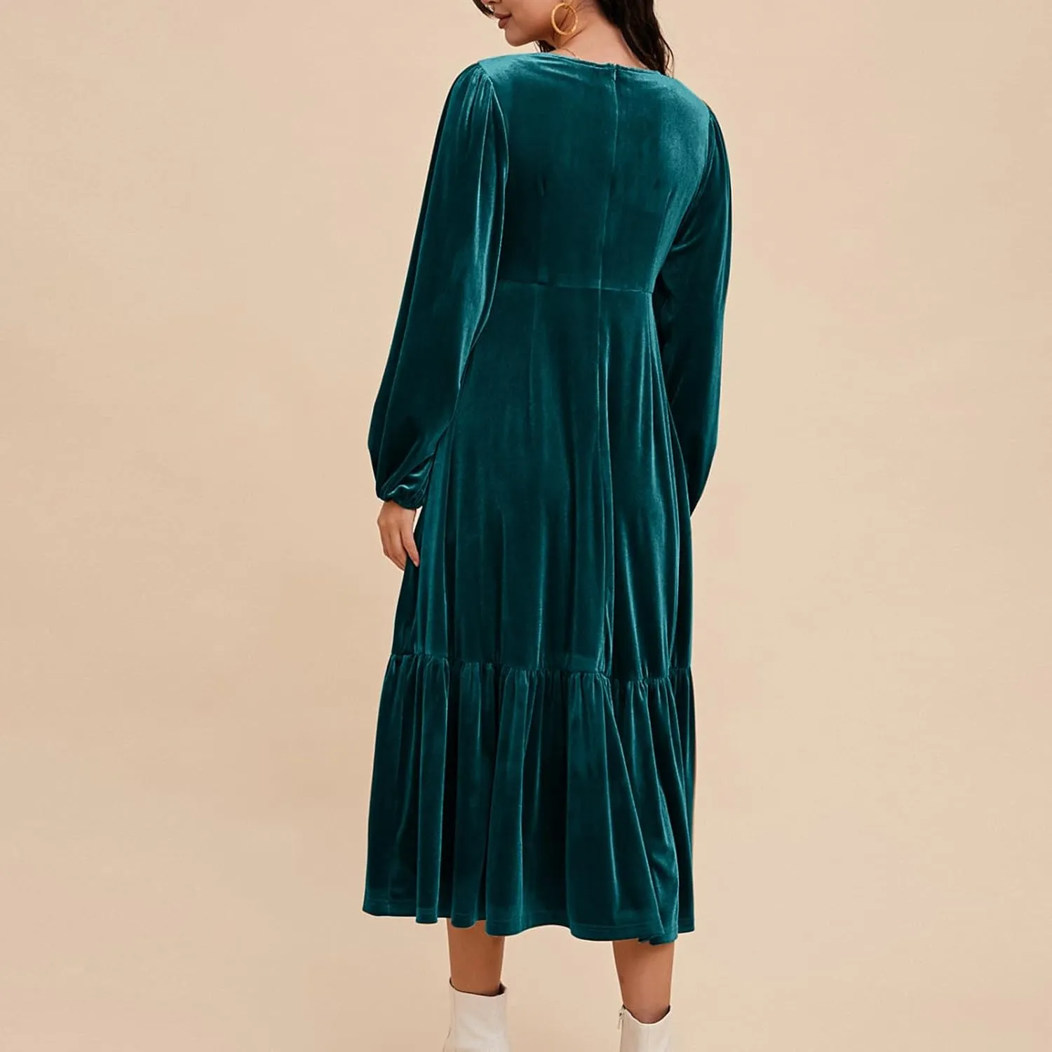 JOAU Womens Velvet Puff Long Sleeve Cocktail Party Dresses Fashion V Neck Empire Waist Flowy Ruffle Tiered A-Line Midi Dress