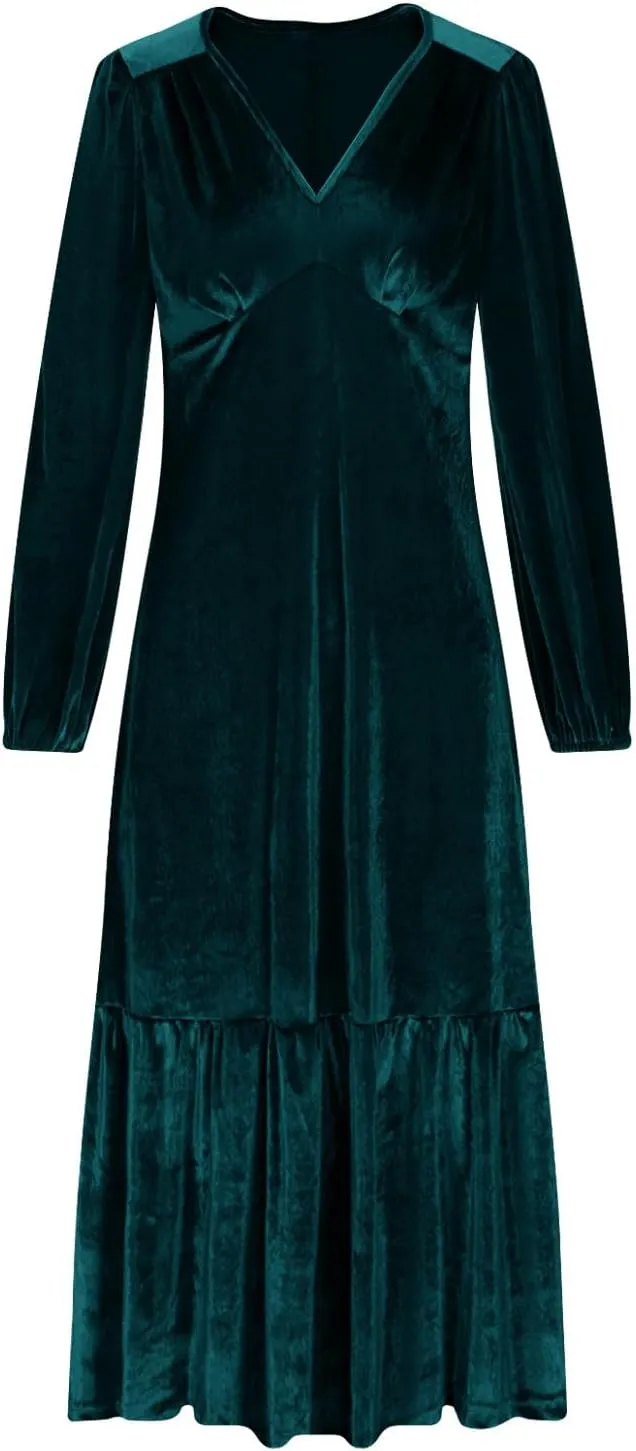 JOAU Womens Velvet Puff Long Sleeve Cocktail Party Dresses Fashion V Neck Empire Waist Flowy Ruffle Tiered A-Line Midi Dress