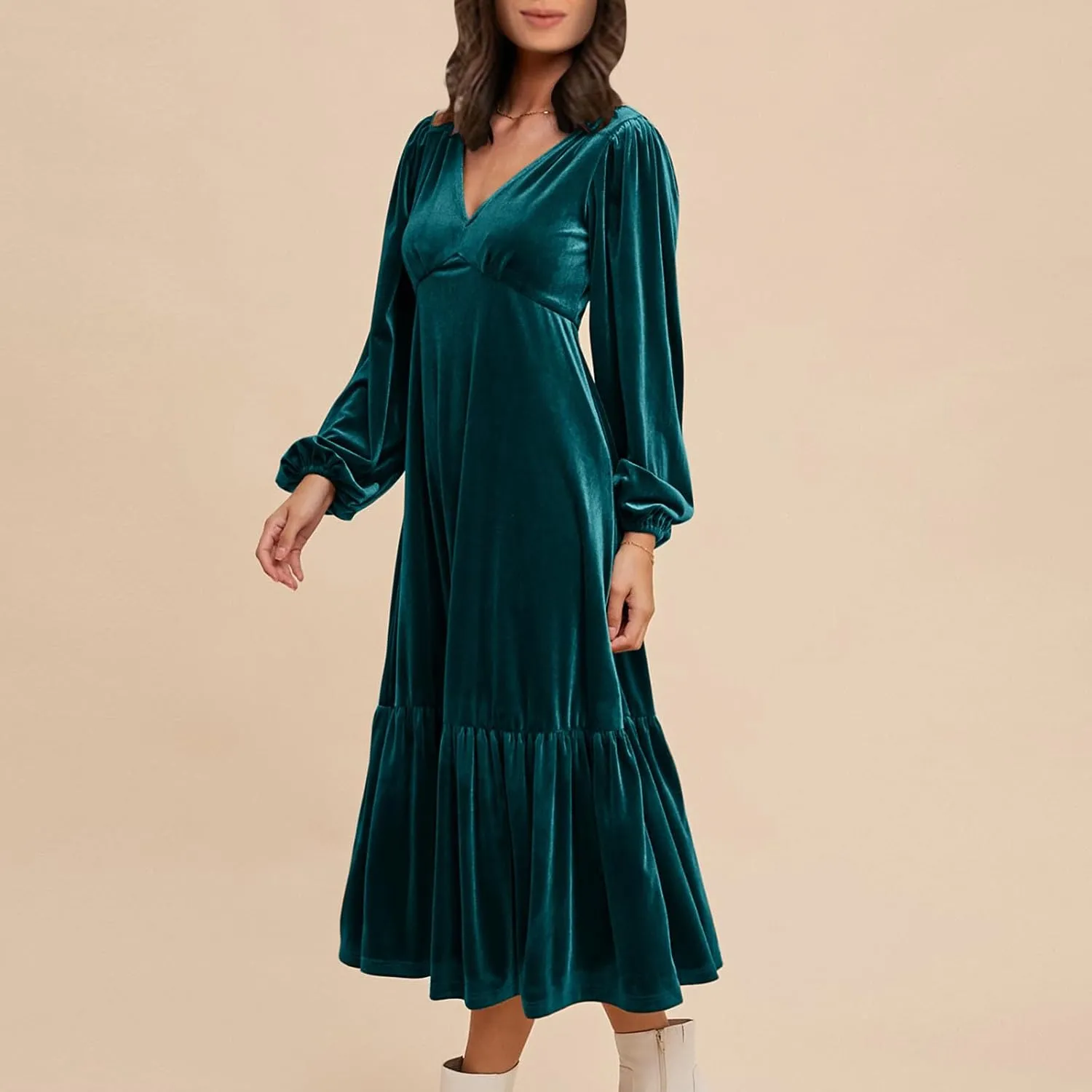 JOAU Womens Velvet Puff Long Sleeve Cocktail Party Dresses Fashion V Neck Empire Waist Flowy Ruffle Tiered A-Line Midi Dress