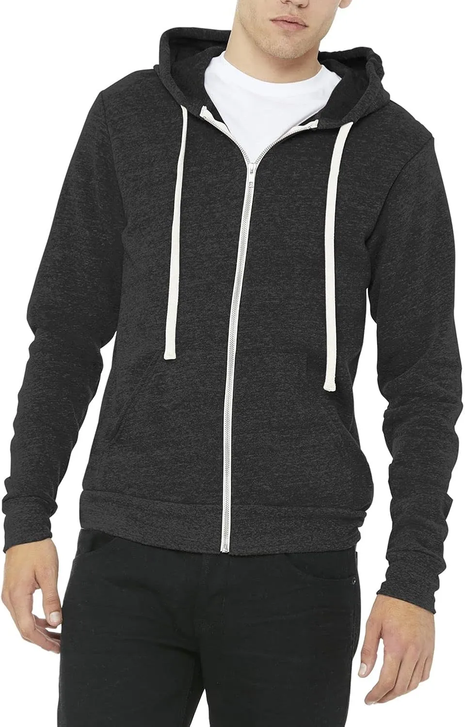 JustBlanks Mens Rib Knit Tri Blend Full Zip Long-Sleeve Hooded Sweatshirt Drawstring with Pocket Casual Hoodie for Men