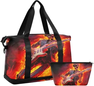 Kigai Flame Skull Playing Guitar Gym Bag for Women & Men,Waterproof Weekender Overnight Bag with Shoes Compartment Sports Duffel Bag for Gym Yoga Swimming Camping