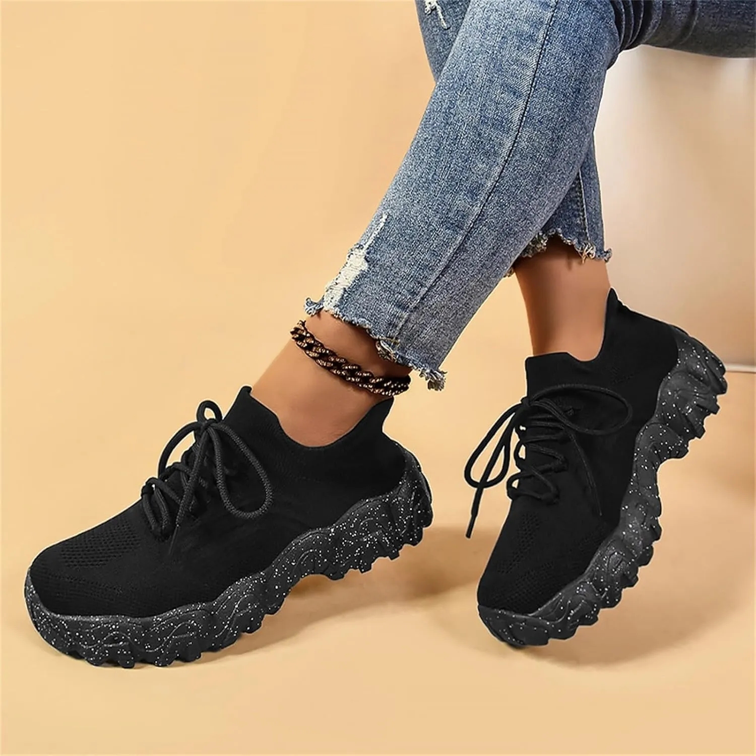 Ladies Mesh Orthopedic Sneakers Breathable Lace-up Walking Running Shoes Comfortable Tennis Shoes Non Slip Lightweight Casual Womens Thick Sole Sneaker