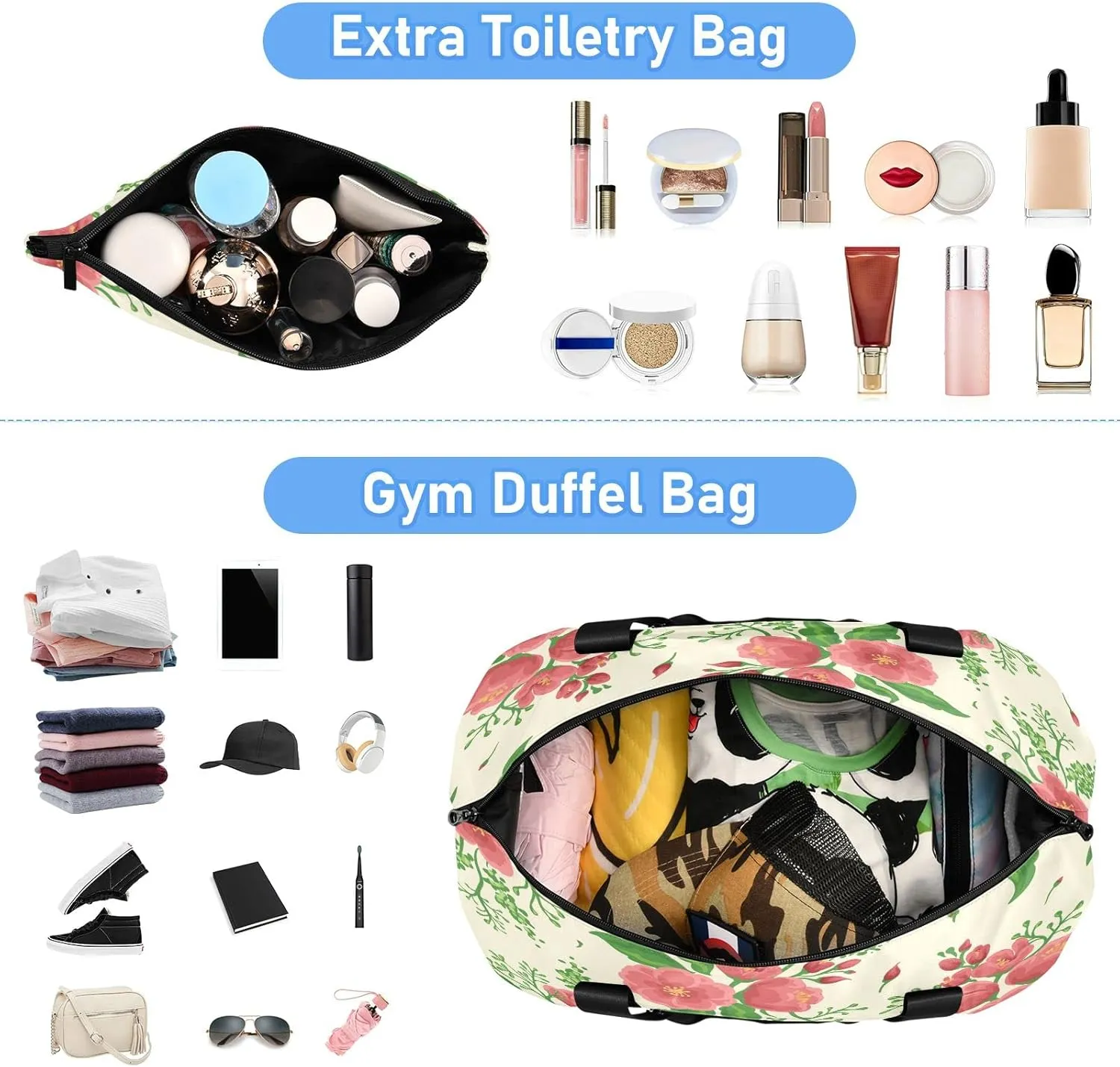 Large Gym Bag Flower Print Sports Travel Duffel Bag,Weekender Overnight Bag with Wet Pocket and Shoes Compartment for Women Girls Travel, Gym, Yoga, School,12