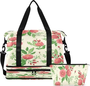 Large Gym Bag Flower Print Sports Travel Duffel Bag,Weekender Overnight Bag with Wet Pocket and Shoes Compartment for Women Girls Travel, Gym, Yoga, School,12