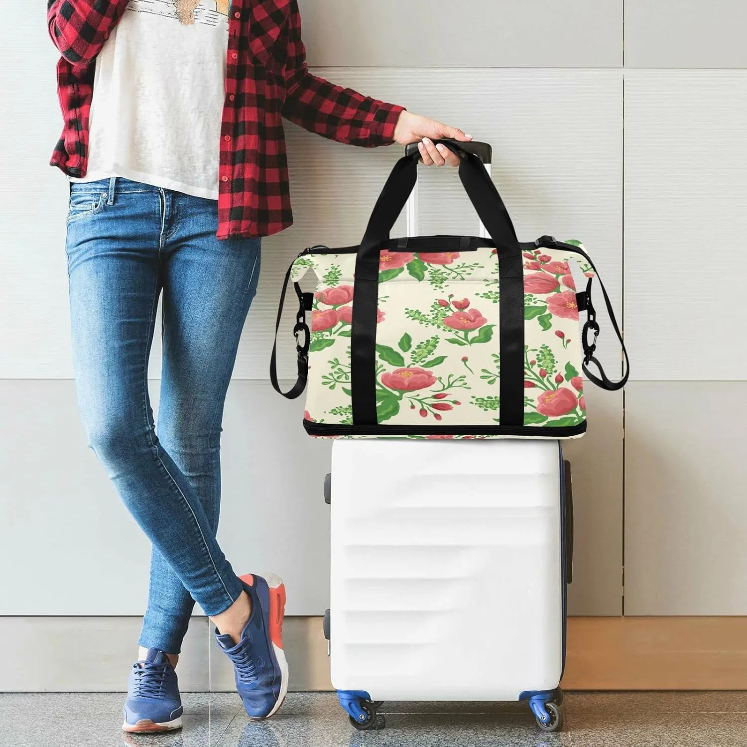 Large Gym Bag Flower Print Sports Travel Duffel Bag,Weekender Overnight Bag with Wet Pocket and Shoes Compartment for Women Girls Travel, Gym, Yoga, School,12