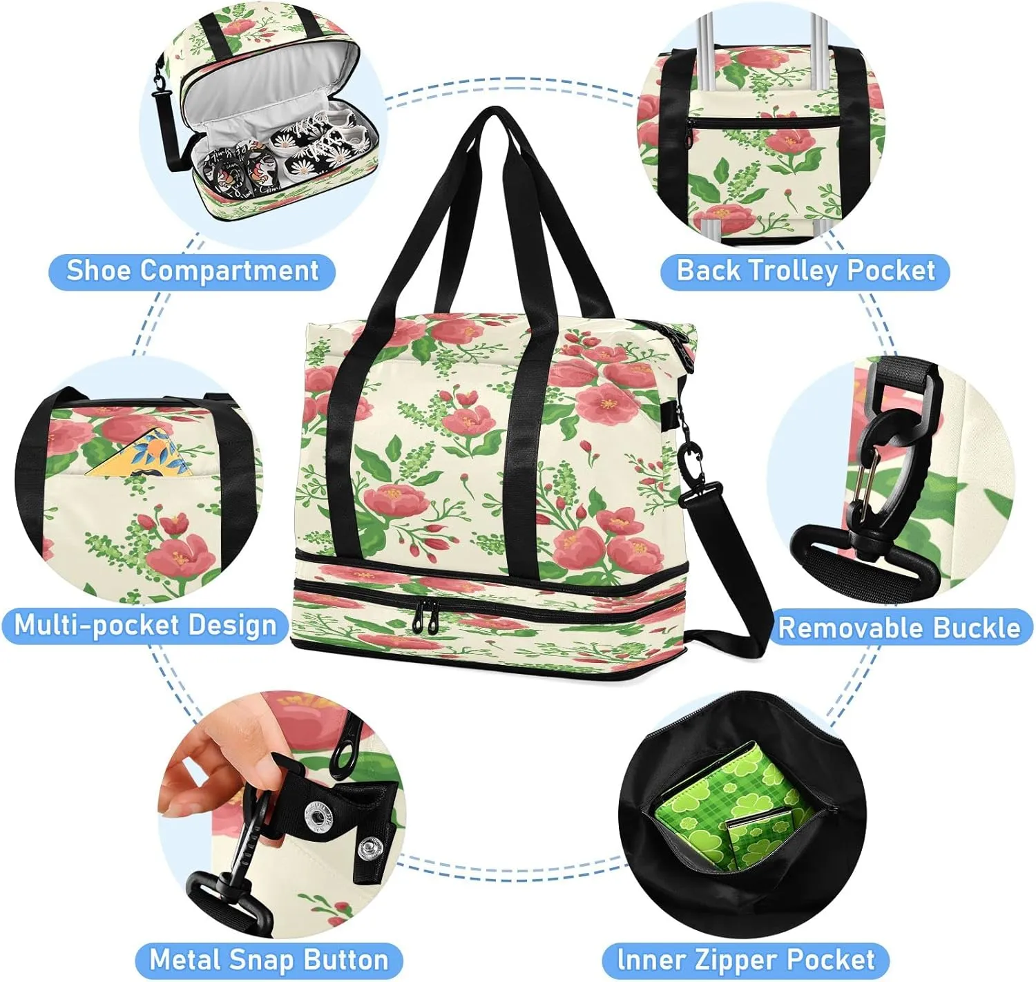 Large Gym Bag Flower Print Sports Travel Duffel Bag,Weekender Overnight Bag with Wet Pocket and Shoes Compartment for Women Girls Travel, Gym, Yoga, School,12