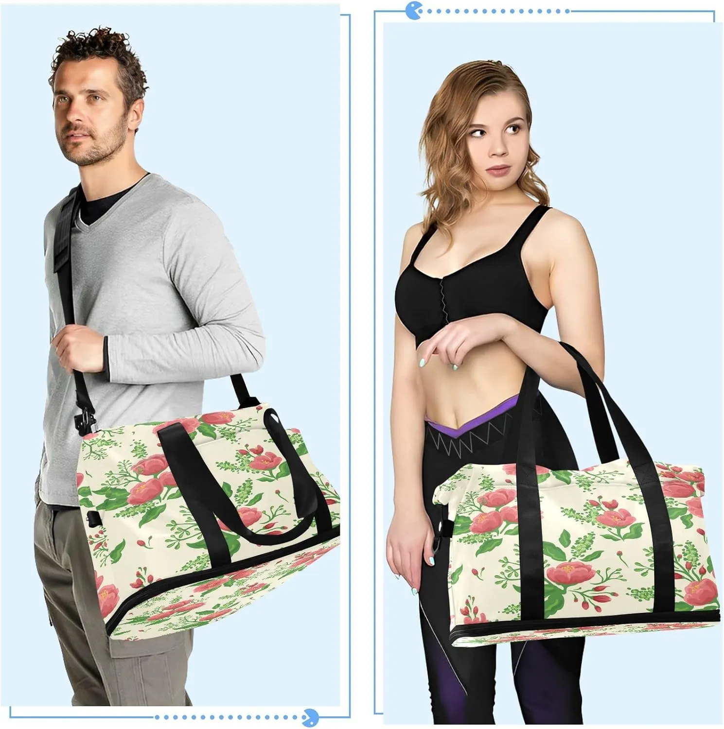 Large Gym Bag Flower Print Sports Travel Duffel Bag,Weekender Overnight Bag with Wet Pocket and Shoes Compartment for Women Girls Travel, Gym, Yoga, School,12