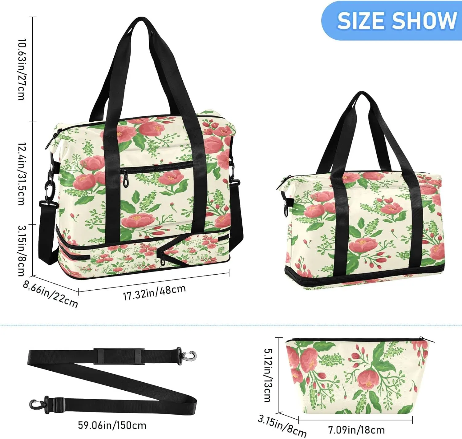 Large Gym Bag Flower Print Sports Travel Duffel Bag,Weekender Overnight Bag with Wet Pocket and Shoes Compartment for Women Girls Travel, Gym, Yoga, School,12