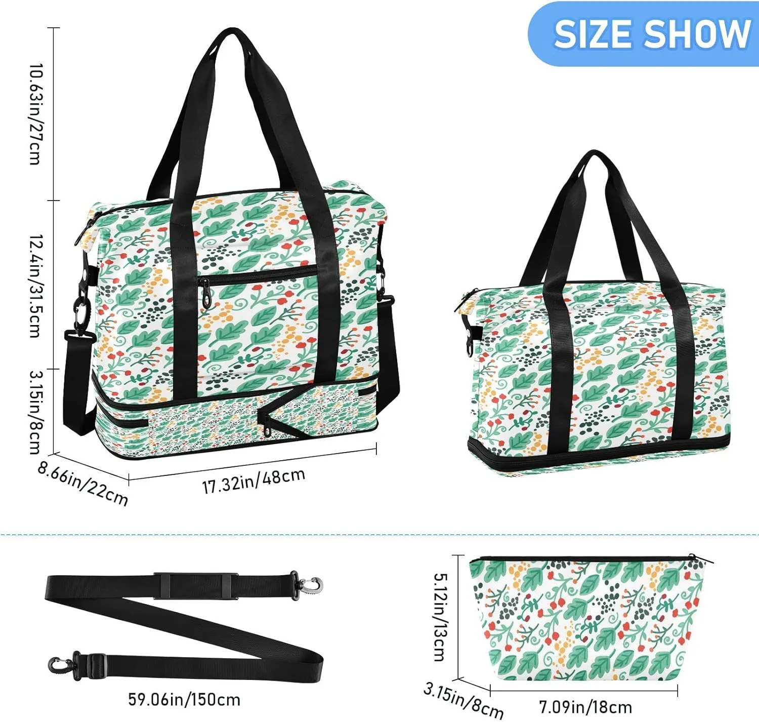 Large Gym Bag Flower Print Sports Travel Duffel Bag,Weekender Overnight Bag with Wet Pocket and Shoes Compartment for Women Girls Travel, Gym, Yoga, School,5