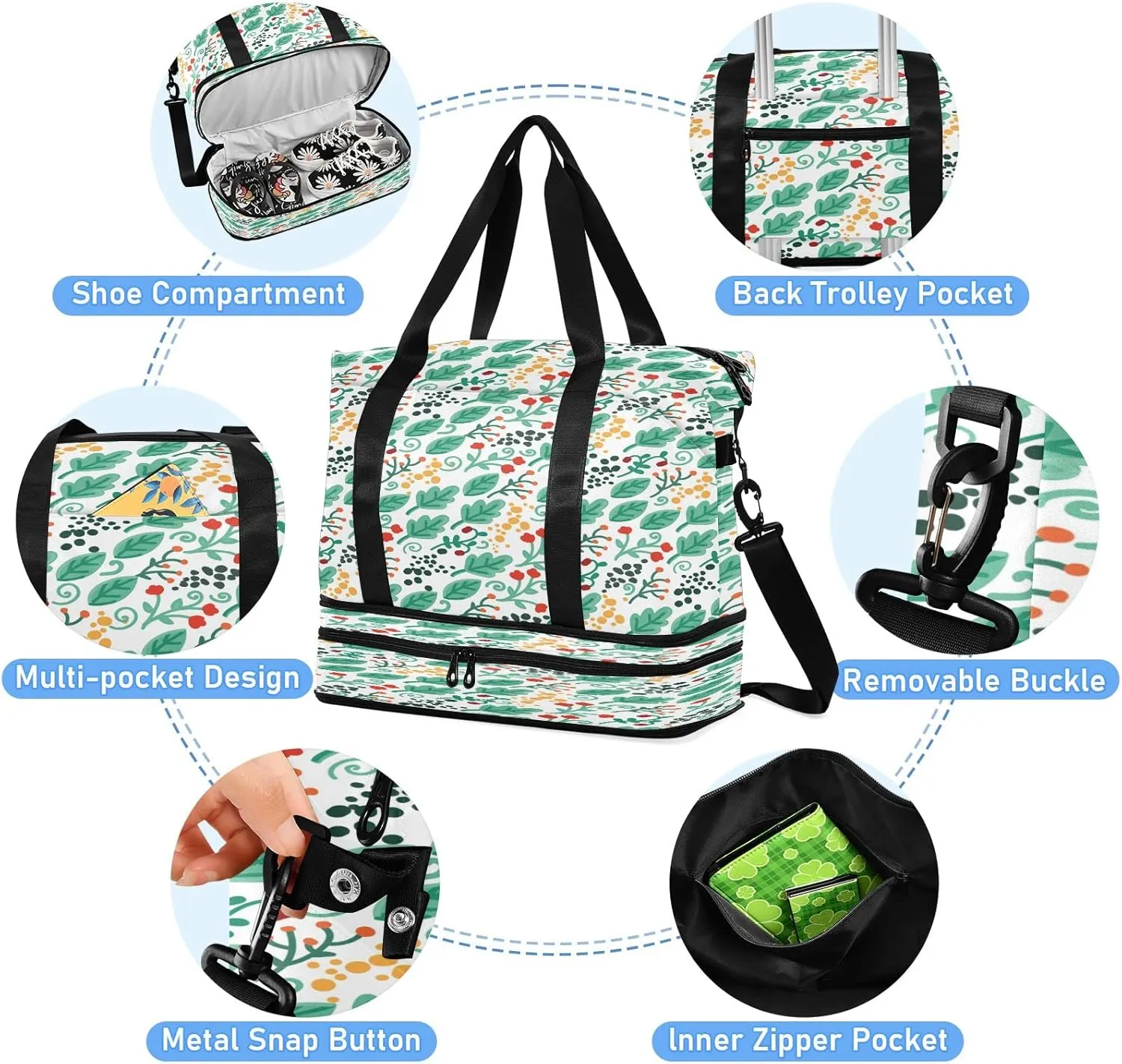 Large Gym Bag Flower Print Sports Travel Duffel Bag,Weekender Overnight Bag with Wet Pocket and Shoes Compartment for Women Girls Travel, Gym, Yoga, School,5