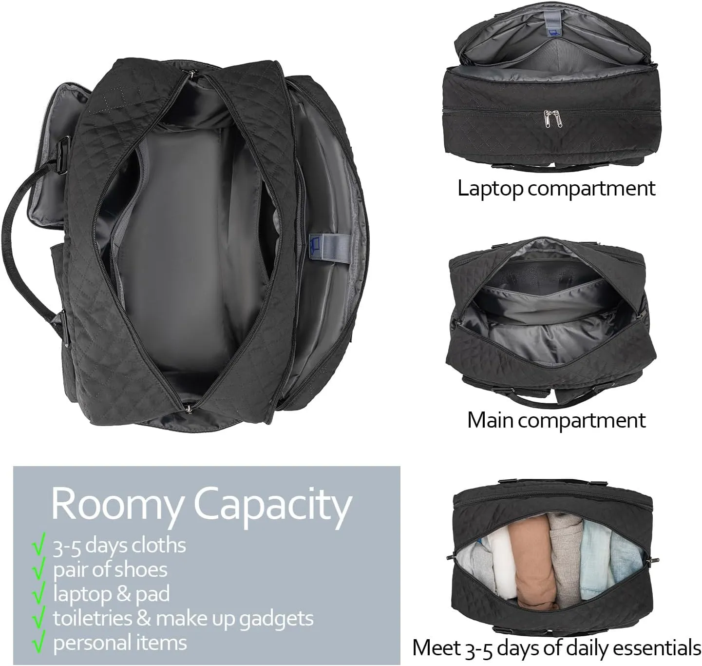 Large Travel Duffle Bag, Carry on Weekender Overnight Bag for Women, Gym Duffel Bag with Wet Pocket & Shoes Bag, Hospital Bags for Labor and Delivery, Black