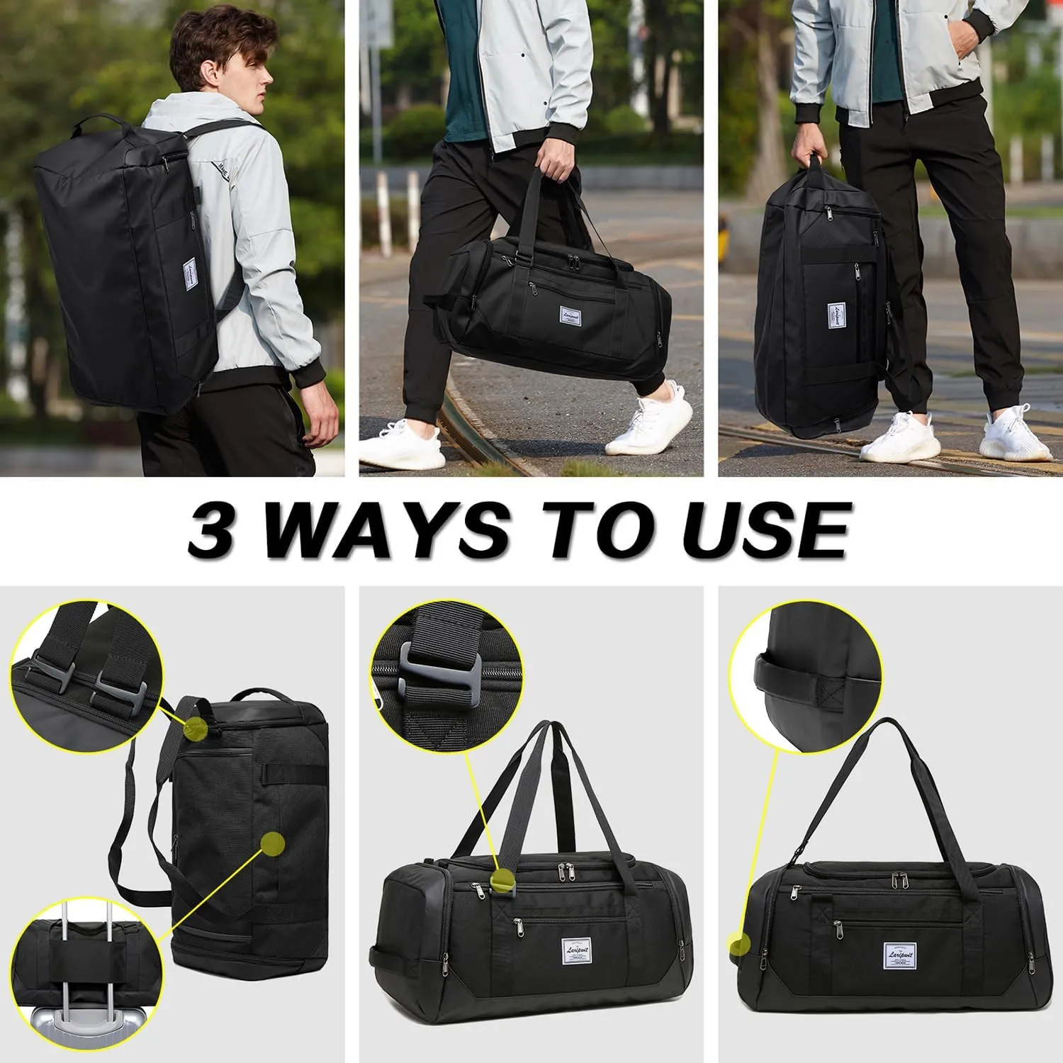Laripwit Gym Bag Backpack for Men 40L Medium Sports Basketball Duffle Bag with Shoes Compartment & Wet Pocket, Travel Duffel Bag Backpacks for Weekender traveling, Womens Overnight Bag, Black