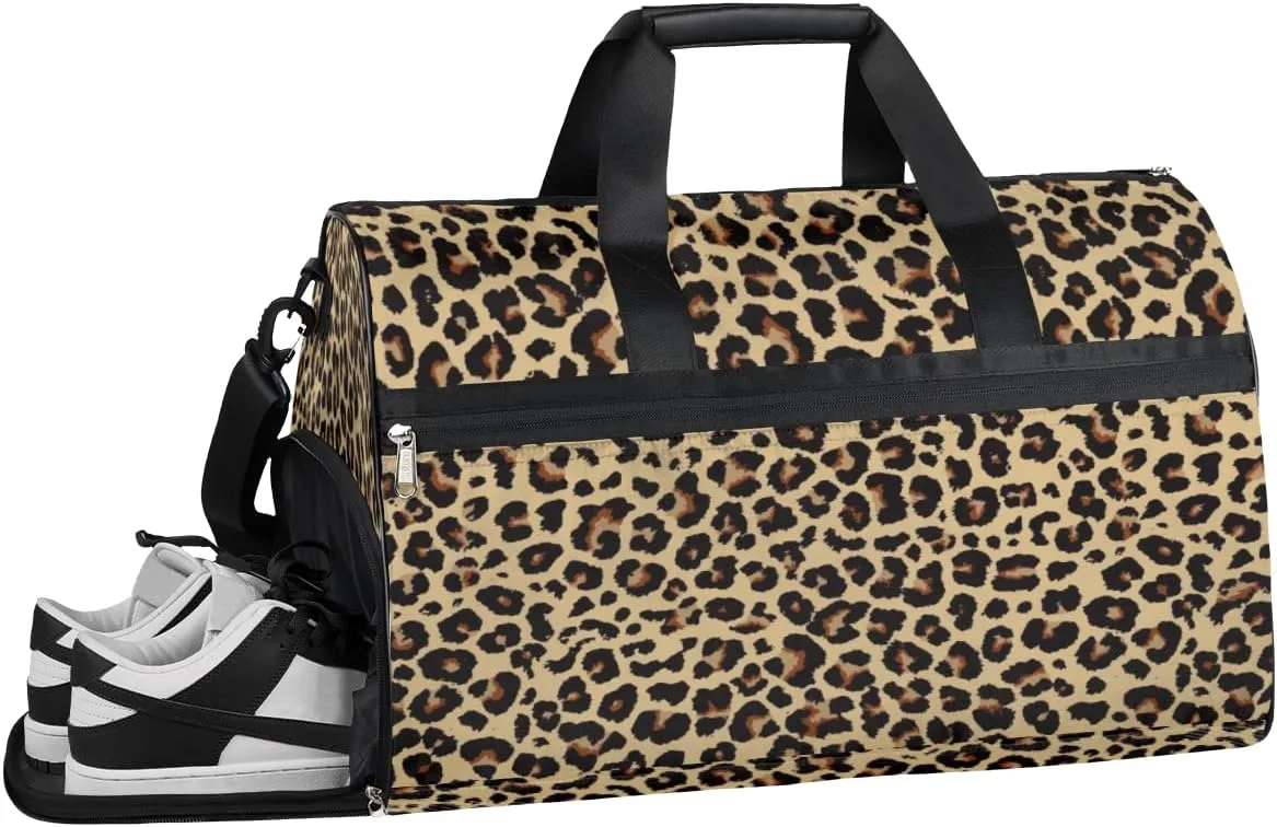 Leopard Animal Pattern Sports Gym Bag with Wet Pocket & Shoes Compartment Waterproof Workout Duffel Bag for Women and Men Weekender Overnight Duffle Bag Travel Carry-on Tote