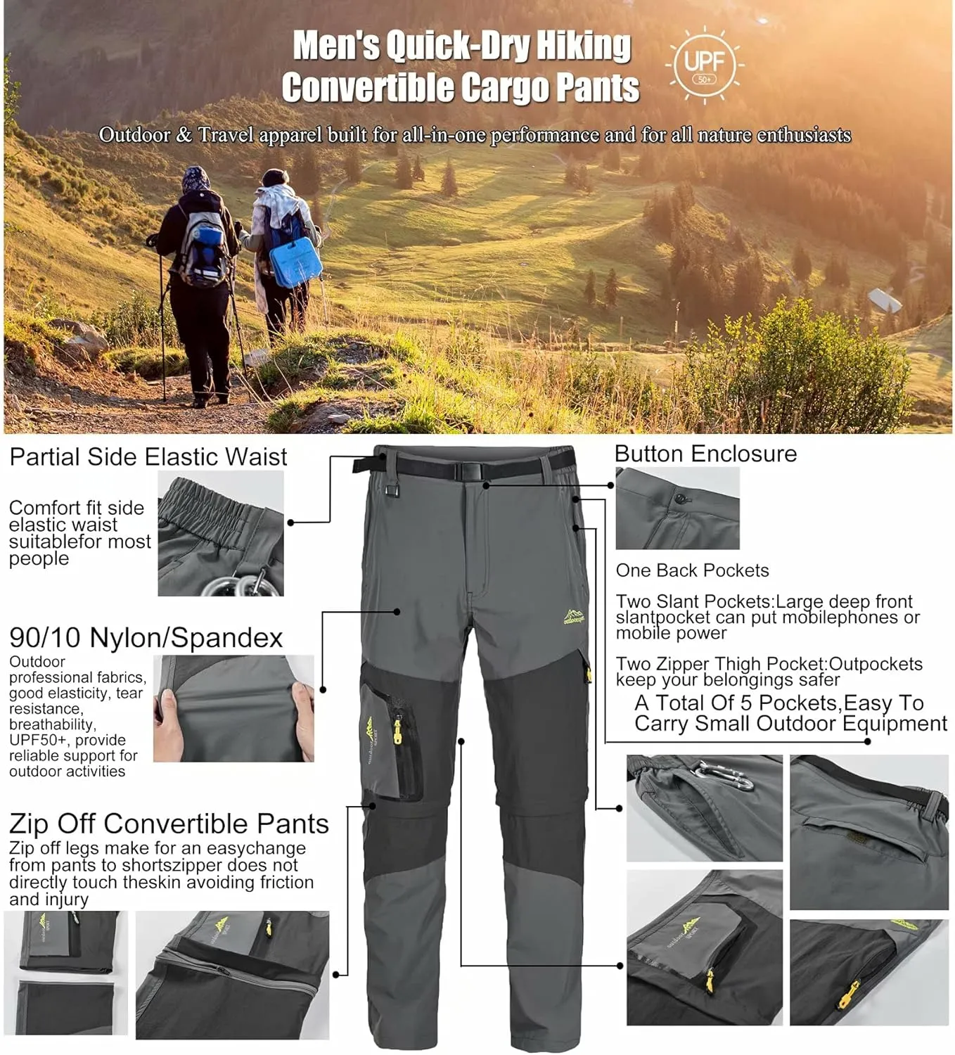 Mens Convertible Hiking Pants, Quick Dry Fishing Pants, Zip Off Stretch UPF 50 Outdoor Camping Pants with 5 Pockets
