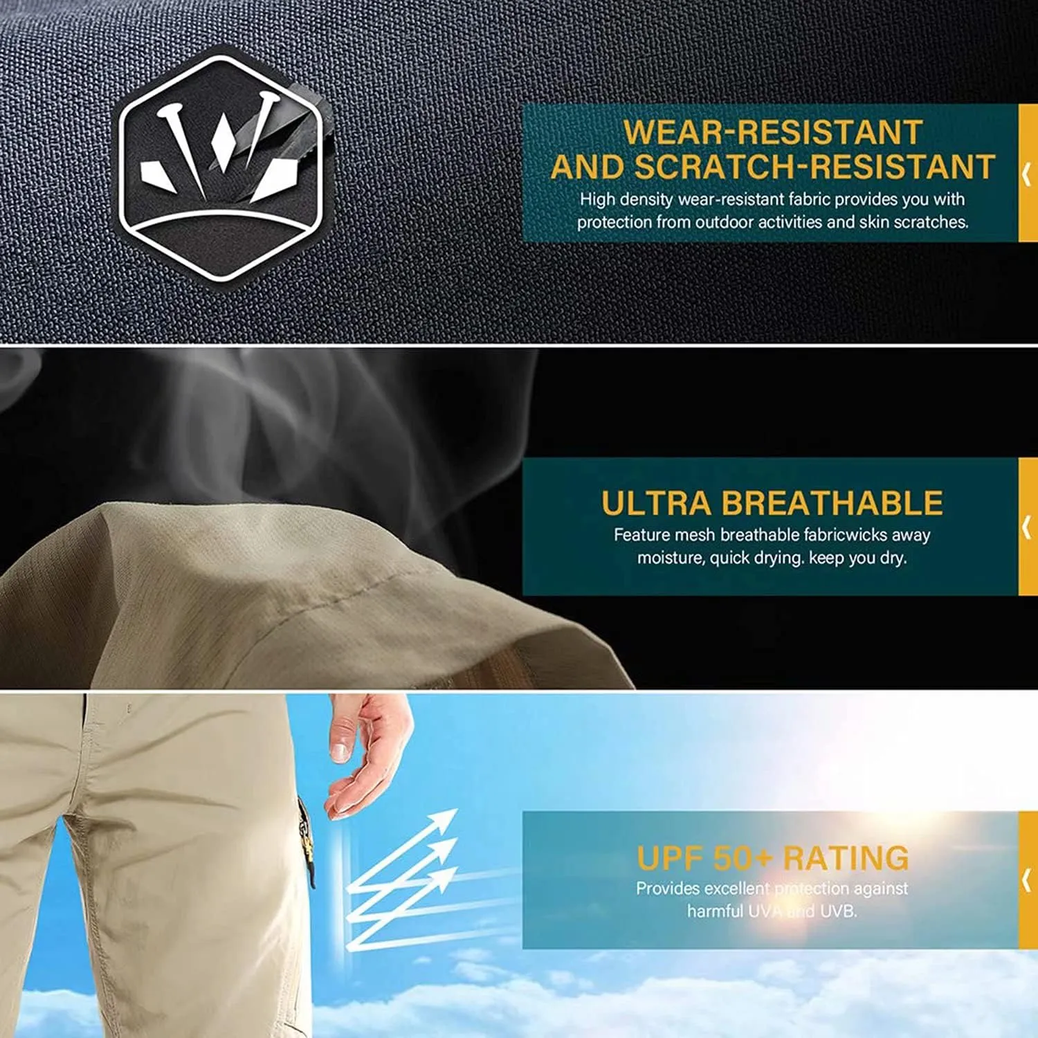 Mens Convertible Hiking Pants, Quick Dry Fishing Pants, Zip Off Stretch UPF 50 Outdoor Camping Pants with 5 Pockets