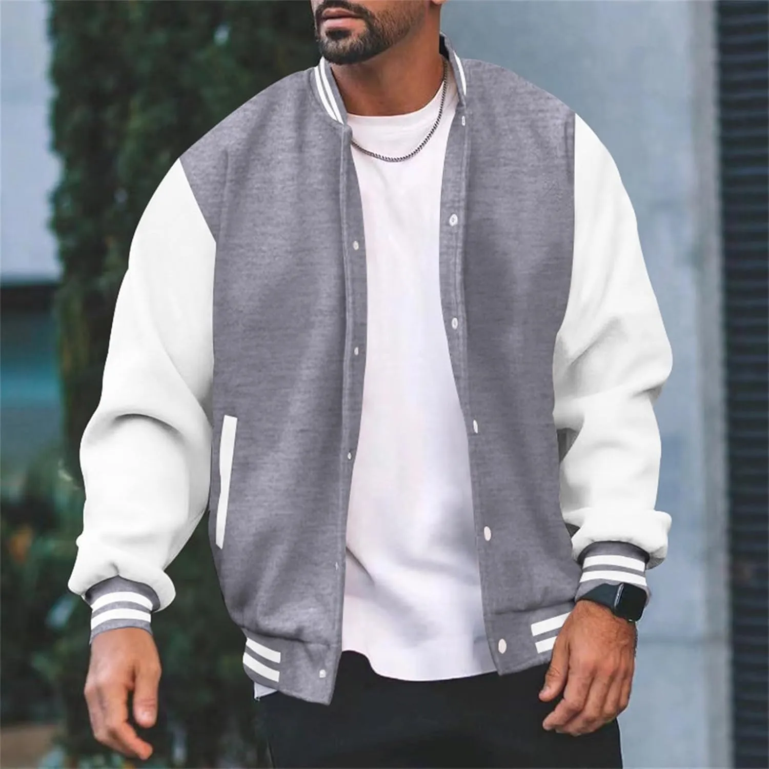 Men's Lightweight Jacket Color Block Button Down Outwear Casual Spring Fall Windbreaker Bomber Coat with Pockets
