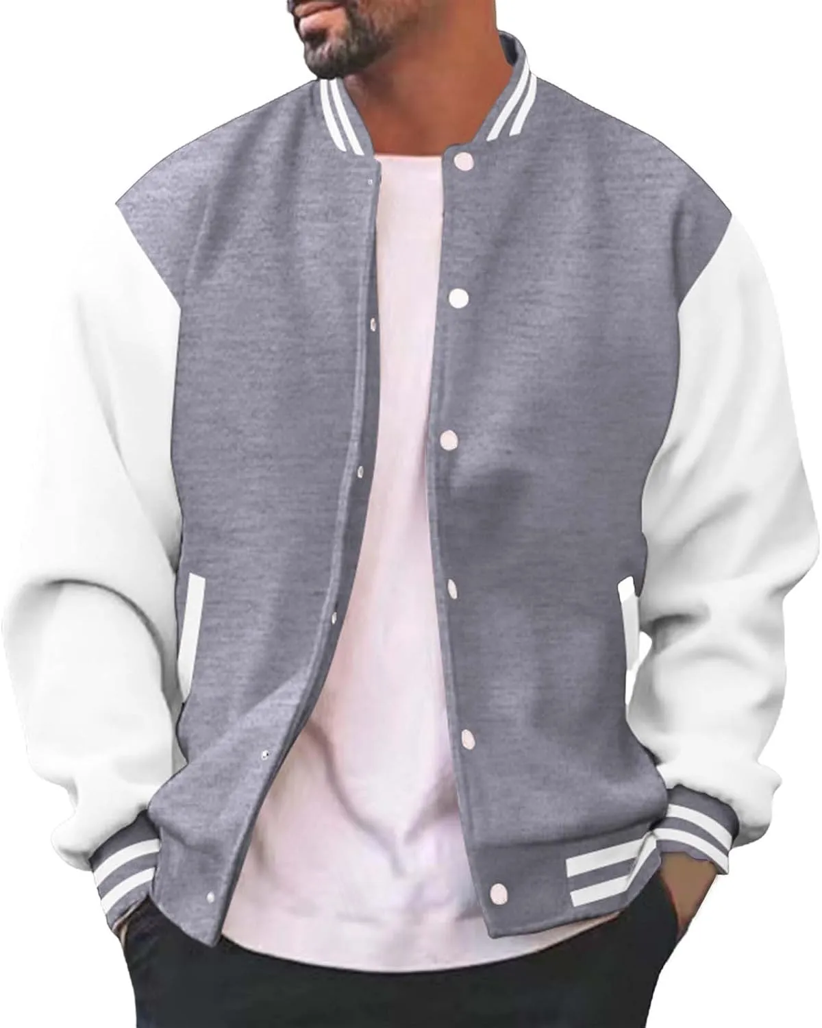 Men's Lightweight Jacket Color Block Button Down Outwear Casual Spring Fall Windbreaker Bomber Coat with Pockets