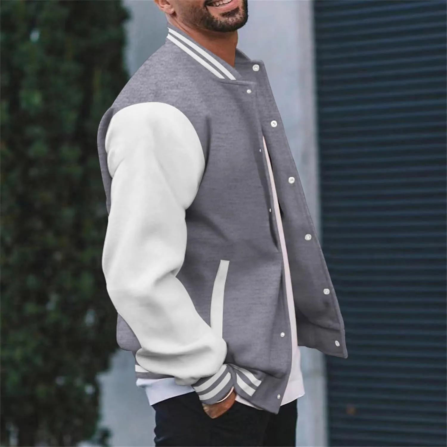 Men's Lightweight Jacket Color Block Button Down Outwear Casual Spring Fall Windbreaker Bomber Coat with Pockets
