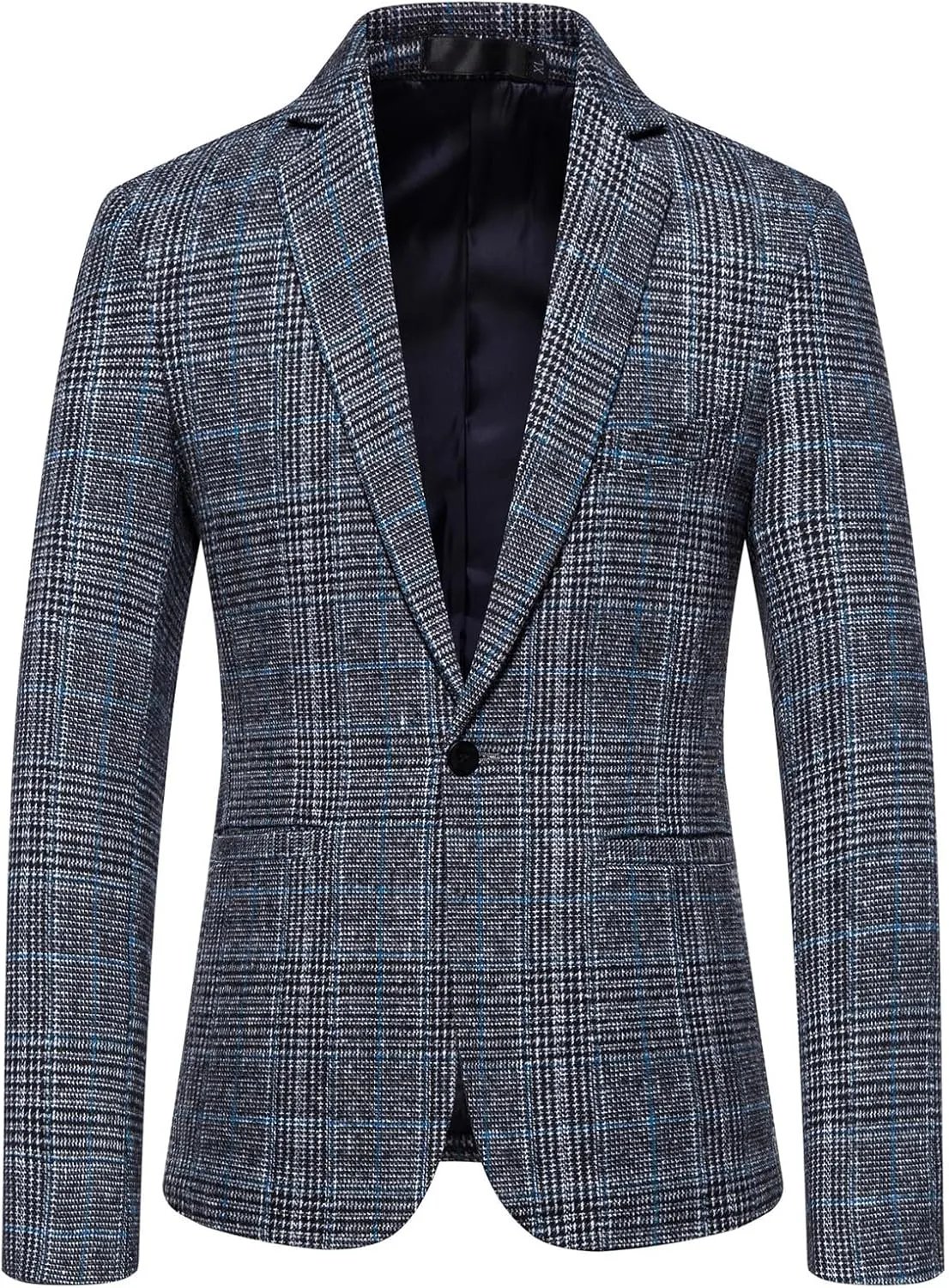 Men's Plaid Blazer Slim Fit One Button Suit Jacket Casual Wool Blend Dressy Business Outfits