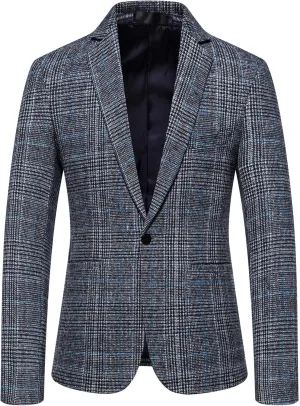 Men's Plaid Blazer Slim Fit One Button Suit Jacket Casual Wool Blend Dressy Business Outfits