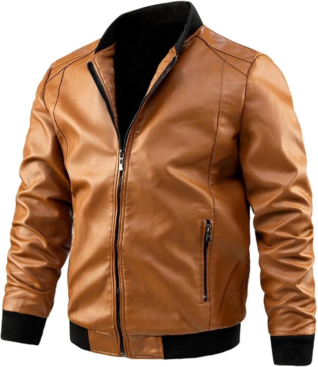 Men's Stand Collar Leather Jacket Motorcycle Lightweight Faux Leather Outwear Classic Zip Up Bomber Jacket