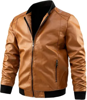 Men's Stand Collar Leather Jacket Motorcycle Lightweight Faux Leather Outwear Classic Zip Up Bomber Jacket