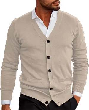 Men's V Neck Cardigan Sweater Casual Lightweight Button Down Knitted Sweater Soft Slim Fit Outwear Coat with Pocket