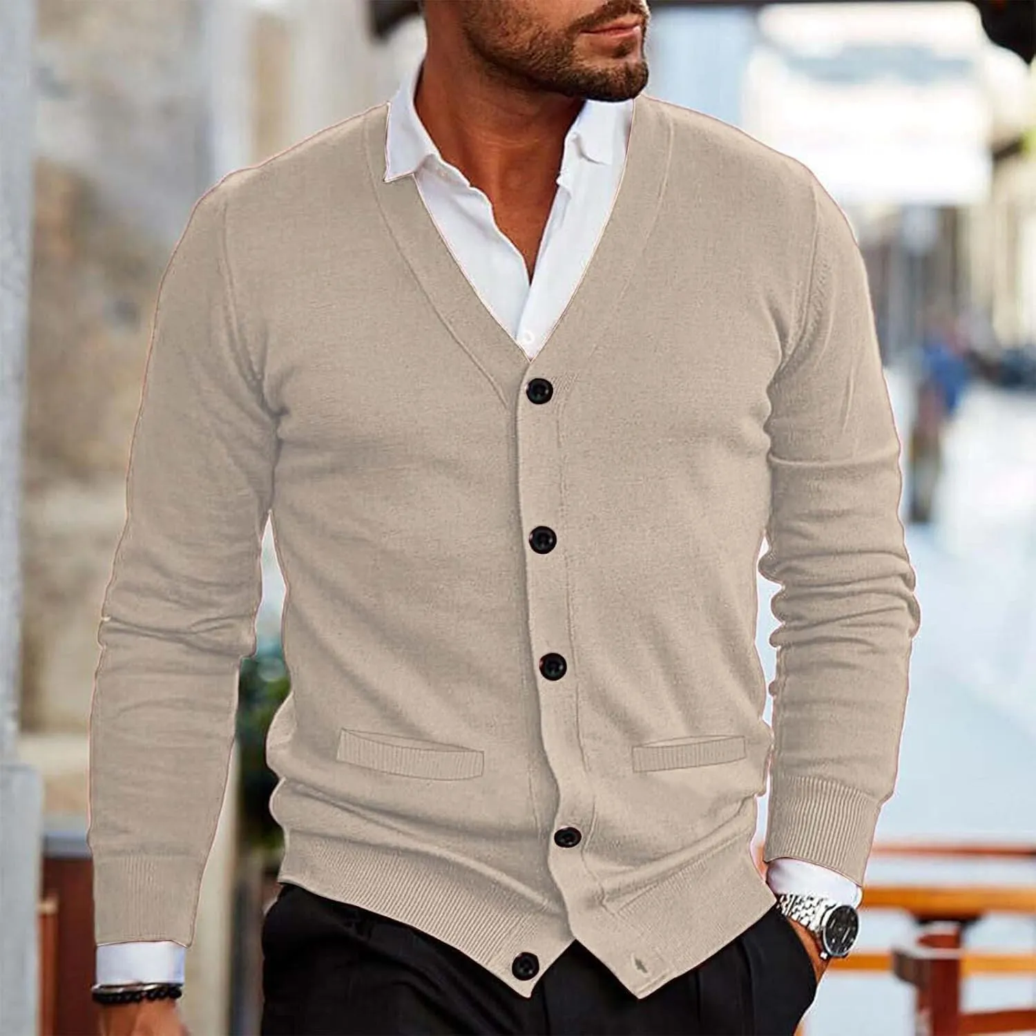 Men's V Neck Cardigan Sweater Casual Lightweight Button Down Knitted Sweater Soft Slim Fit Outwear Coat with Pocket