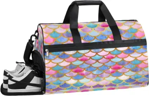 Mermaid Colorful Sports Gym Bag with Wet Pocket & Shoes Compartment Waterproof Workout Duffel Bag for Women and Men Weekender Overnight Duffle Bag Travel Carry-on Tote