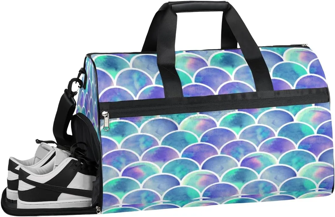 Mermaid Scales Sports Gym Bag with Wet Pocket & Shoes Compartment Waterproof Workout Duffel Bag for Women and Men Weekender Overnight Duffle Bag Travel Carry-on Tote